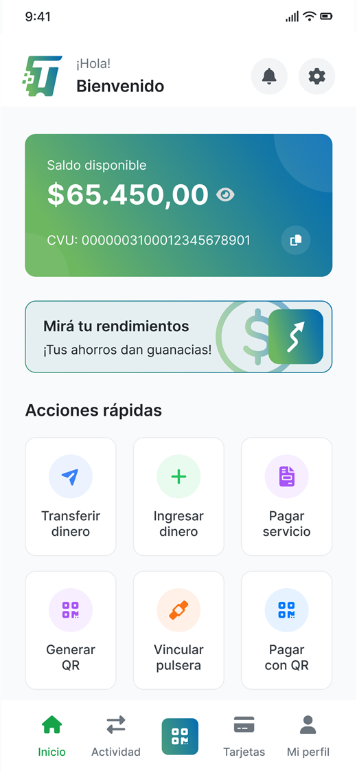 Pantalla de inicio de la app Ticzar con el saldo disponible y las acciones rápidas