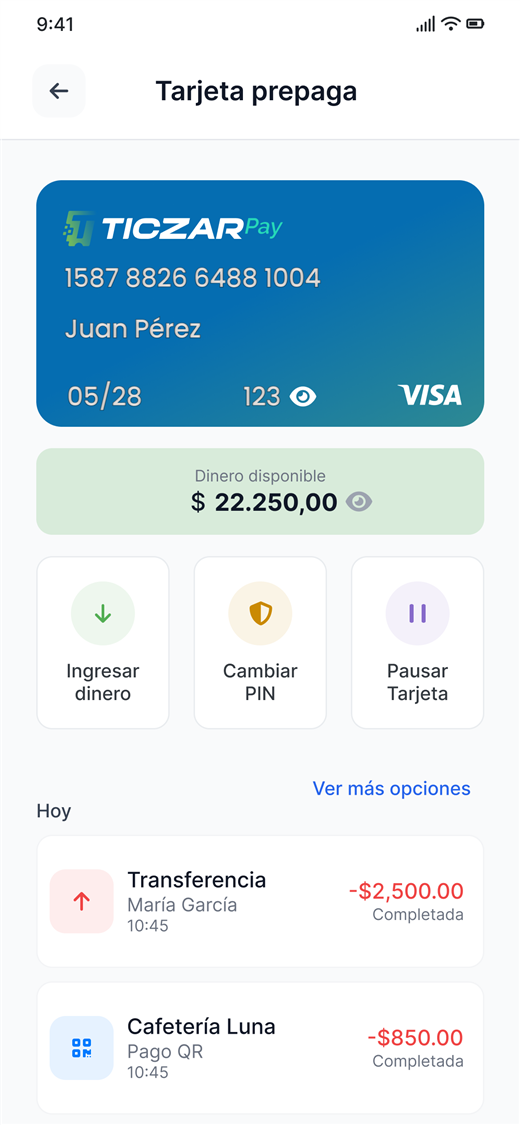 Pantalla Tarjeta prepaga de la app Ticzar